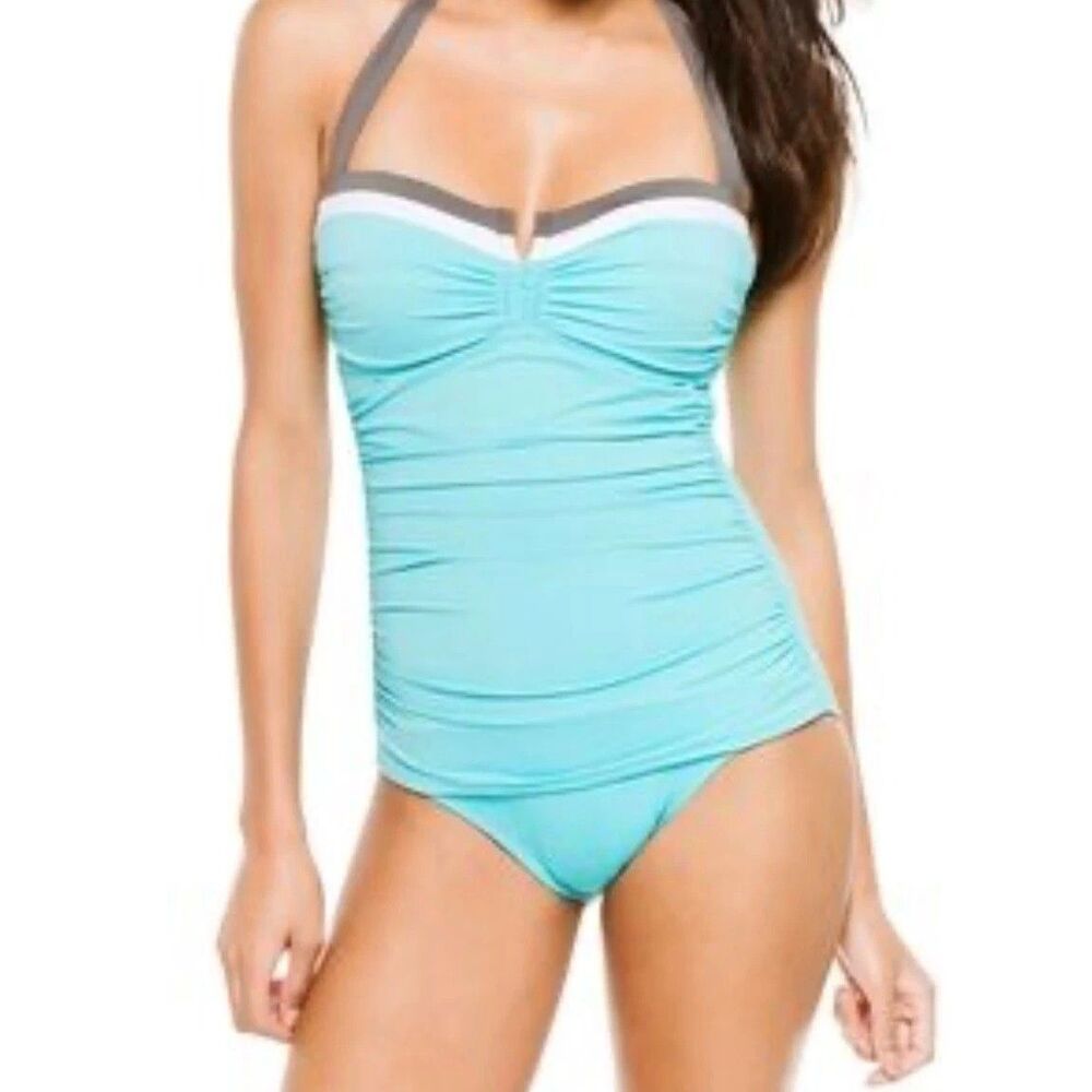 Tommy Bahama Halter One Piece Swimsuit Sz 6 Shirred Capri Blue Gray White